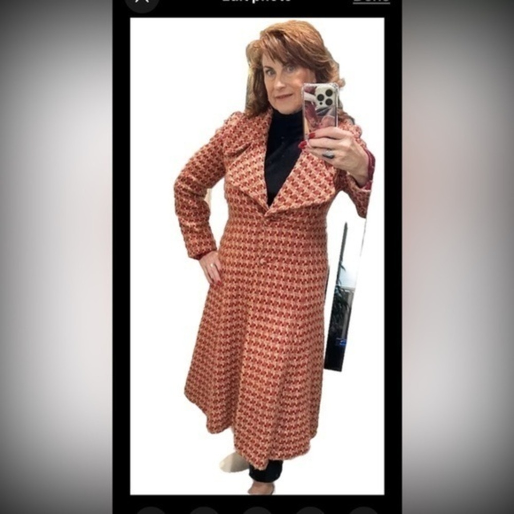 NELLI Vintage Inspired Maxi Coat Wool Winter Maxi Houndstooth Wide Lapel - Large
